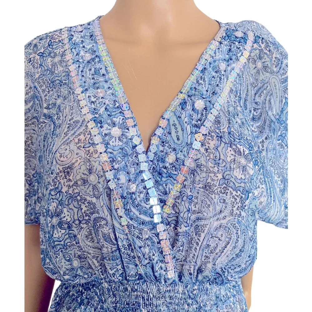 CALIFORNIA BREEZE Sheer Blue Embellished Tunic Cover-Up Size L
